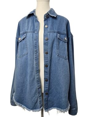 Women’s Blue Denim Button Up Shacket Frayed Hem Oversized Jean Jacket XL Casual